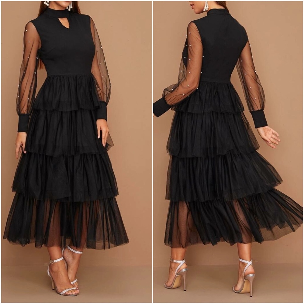 Luxe Black Sheer Sleeve Tiered Evening Party Dress - Picture 2 of 3